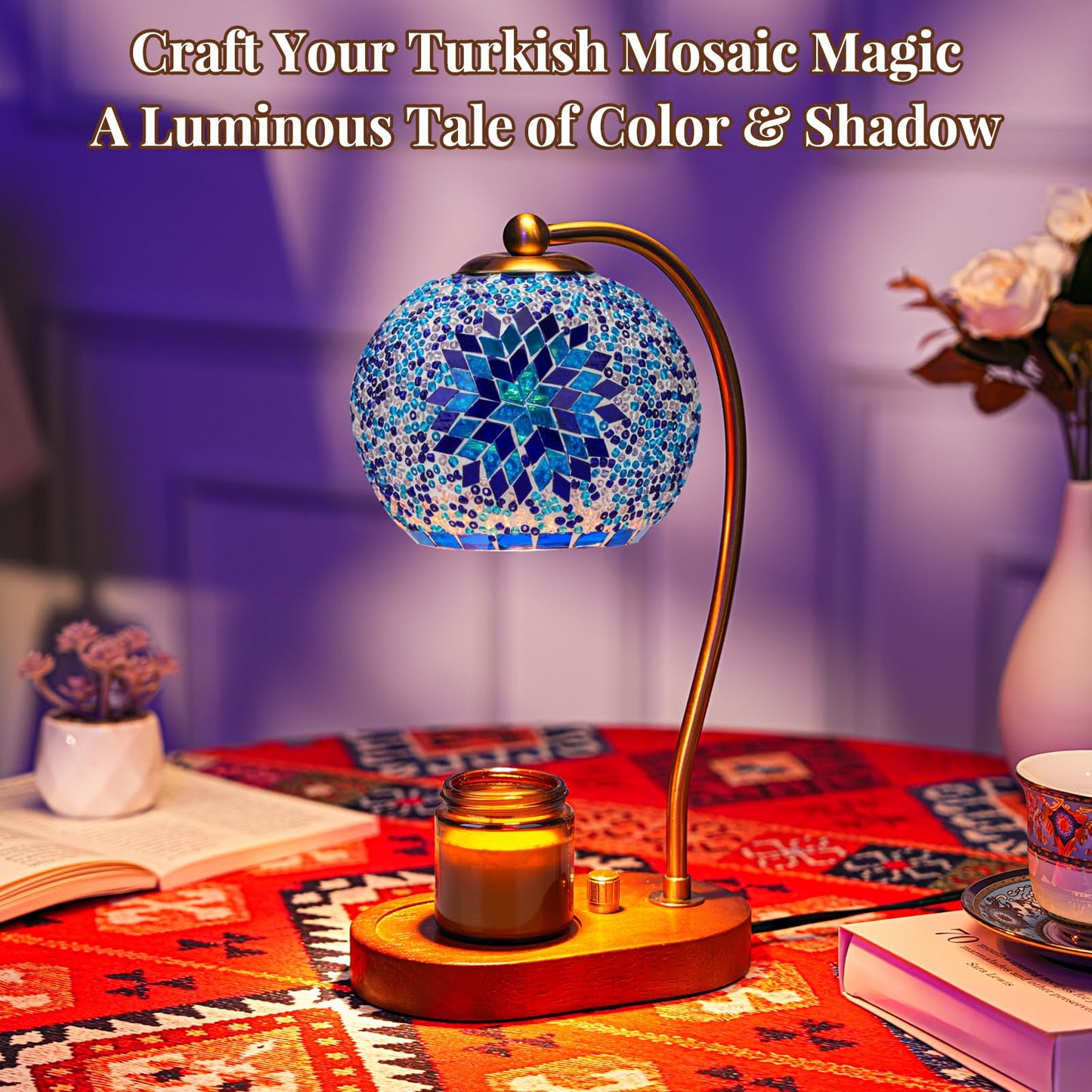 DIY Turkish Mosaic Candle Warmer Lamp Kit, Stained Glass Wax Melt Warmer Lamp Making Kit- Easy,Fun, No Experience Needed, Mosaic Art &Craft Project Kits for Adults &Teens, Make Your Own Lamp, Blue