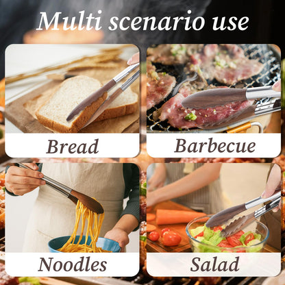 Oqqlin 2 Pcs Wooden Tongs for Cooking, 9 & 10 Inch Durable Salad Tongs with Walnut Wood Tip Multifunctional Stainless Steel Handle Kitchen Tong for Serving Food, Bread, BBQ, Tossing Salad - Lock Dsign