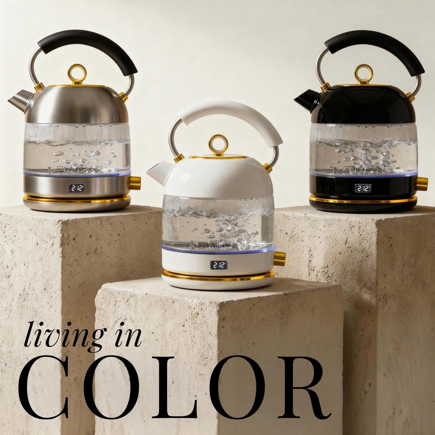 White Electric Tea Kettle with Temperature Control - 1500W Fast Hot Water Boiler and Warmer - White and Gold Electric Kettle with Keep Warm Function, BPA-Free Glass Body, Stylish Design, Auto Shut-Off