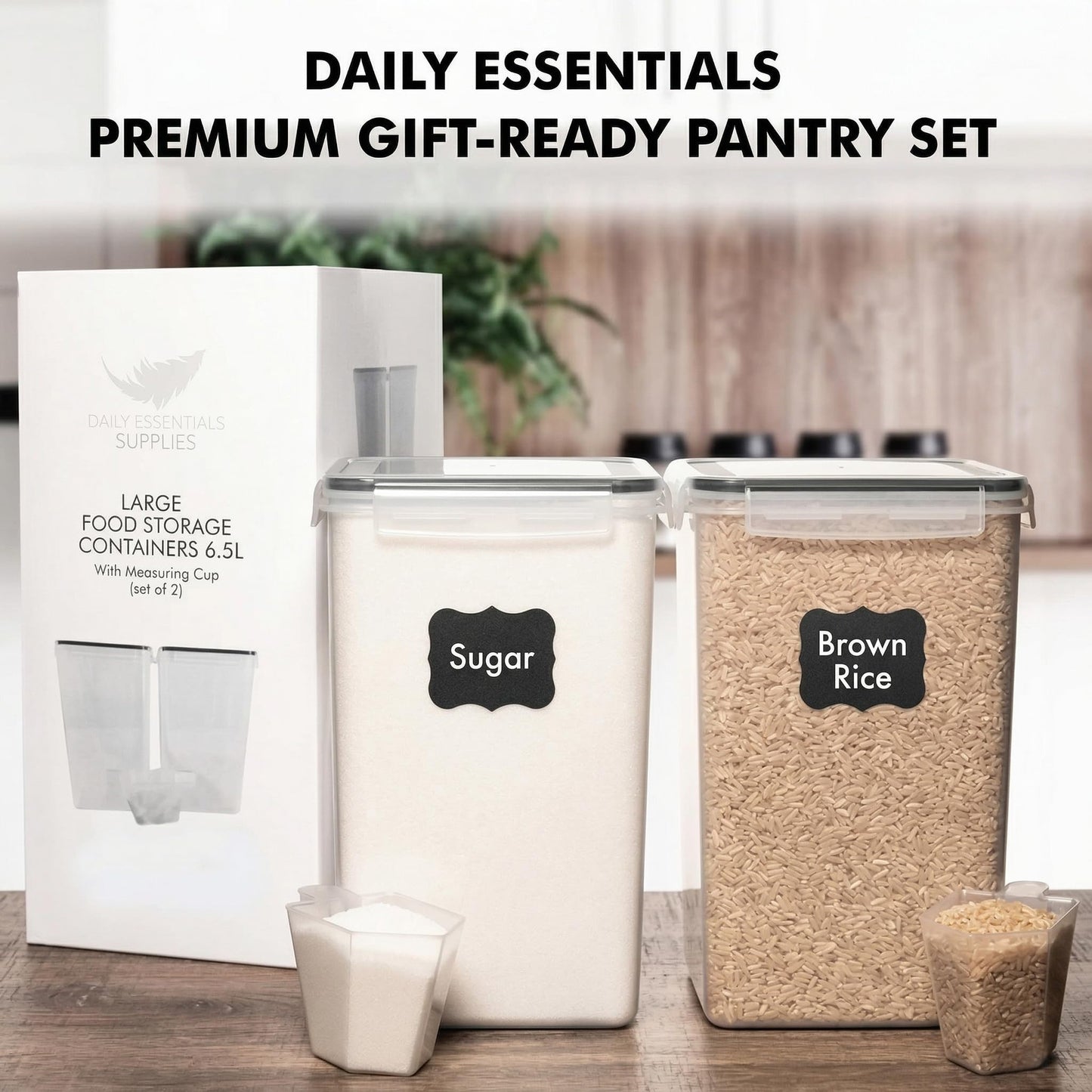 WHITE FEATHER SUPPLIES 2 PC [6.5L / 220 Oz] Large Food Storage Containers with Lids Airtight - BPA Free Clear Plastic Kitchen and Pantry Storage Containers, Bulk Storage for Cereal, Flour, Sugar, Rice