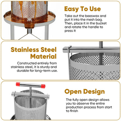 FWTRMRC Honey Press, 3.5 Gallon Honey Extractor Manual Stainless Steel Bee Honey Press Extractor Household Manual Mesh Honey Press Extractor Machine for Wine Honey and Juice Making