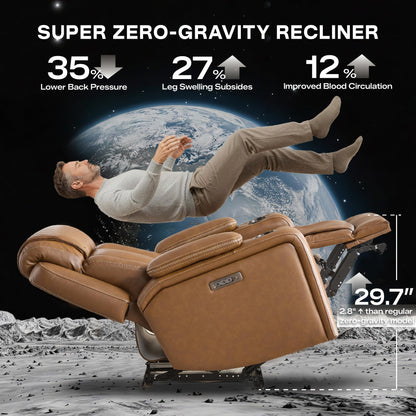 Watson & Whitely Genuine Leather Electric Recliner Chairs, Super Zero Gravity Recliner Triple-Motor W Adjustable Lumbar Headrest Support & Hidden Storage, Saddle Brown