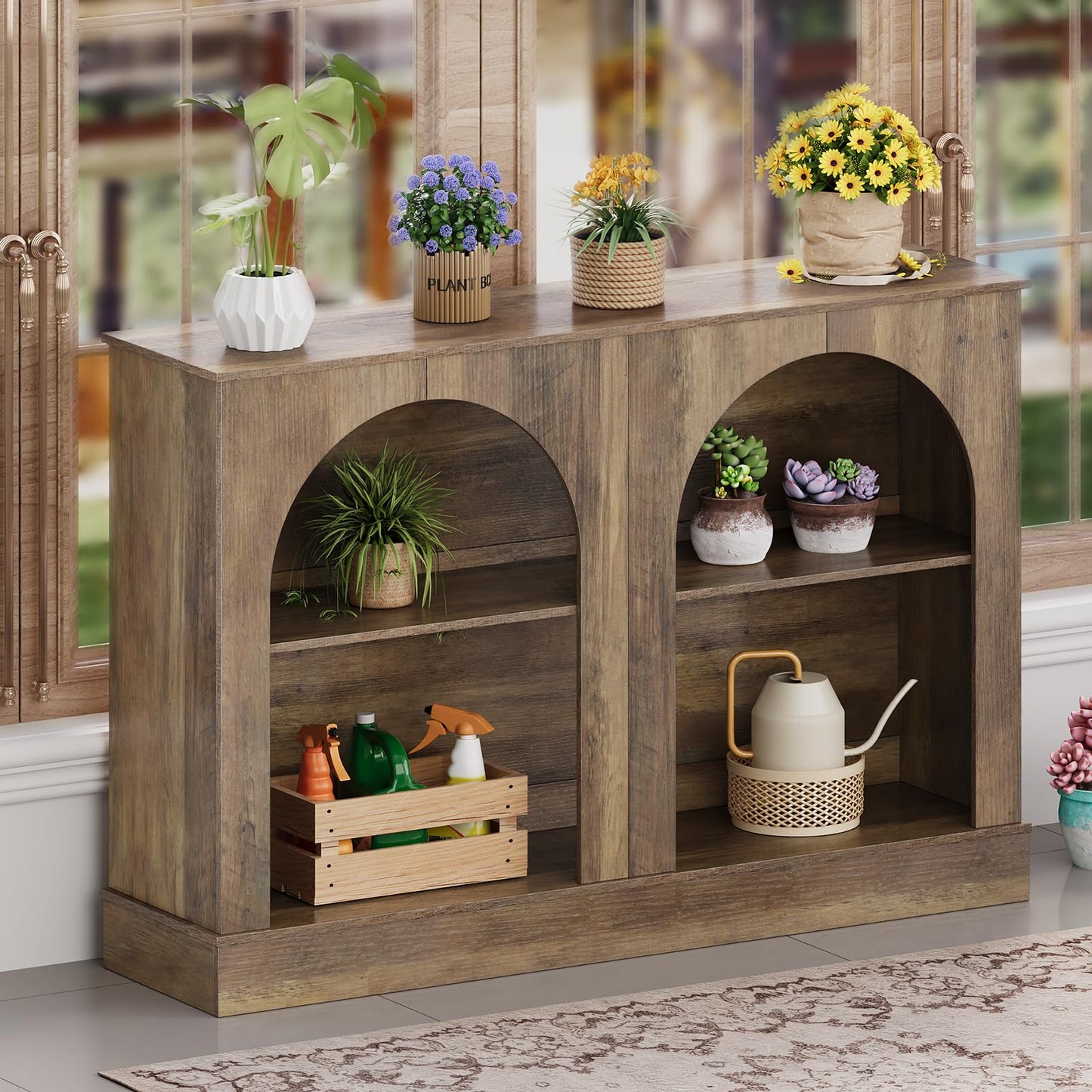 GiftGo Farmhouse Console Table 47-Inch Narrow Entryway Table with 3 Tier Storage, Wooden Rectangular Sofa Table Behind The Couch for Entrance, Hallway, Living Room,Elegant Arch (Rustic Brown, L-47)