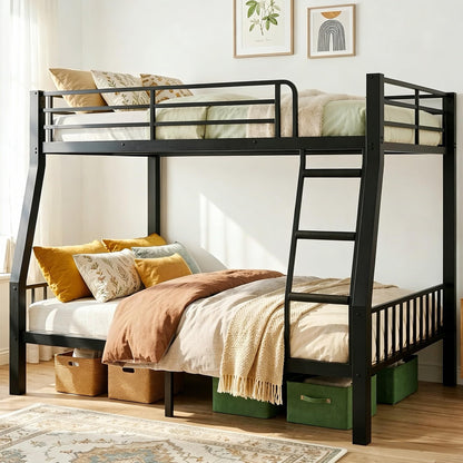 Mixcous Full XL Over Queen Bunk Bed for Adults, Heavy Duty Metal Queen Bunk Bed Frame with Reinforced Steel Slats, Full-Length Guardrails & Anti-Slip Ladder, Noise-Free, No Box Spring Needed, Black