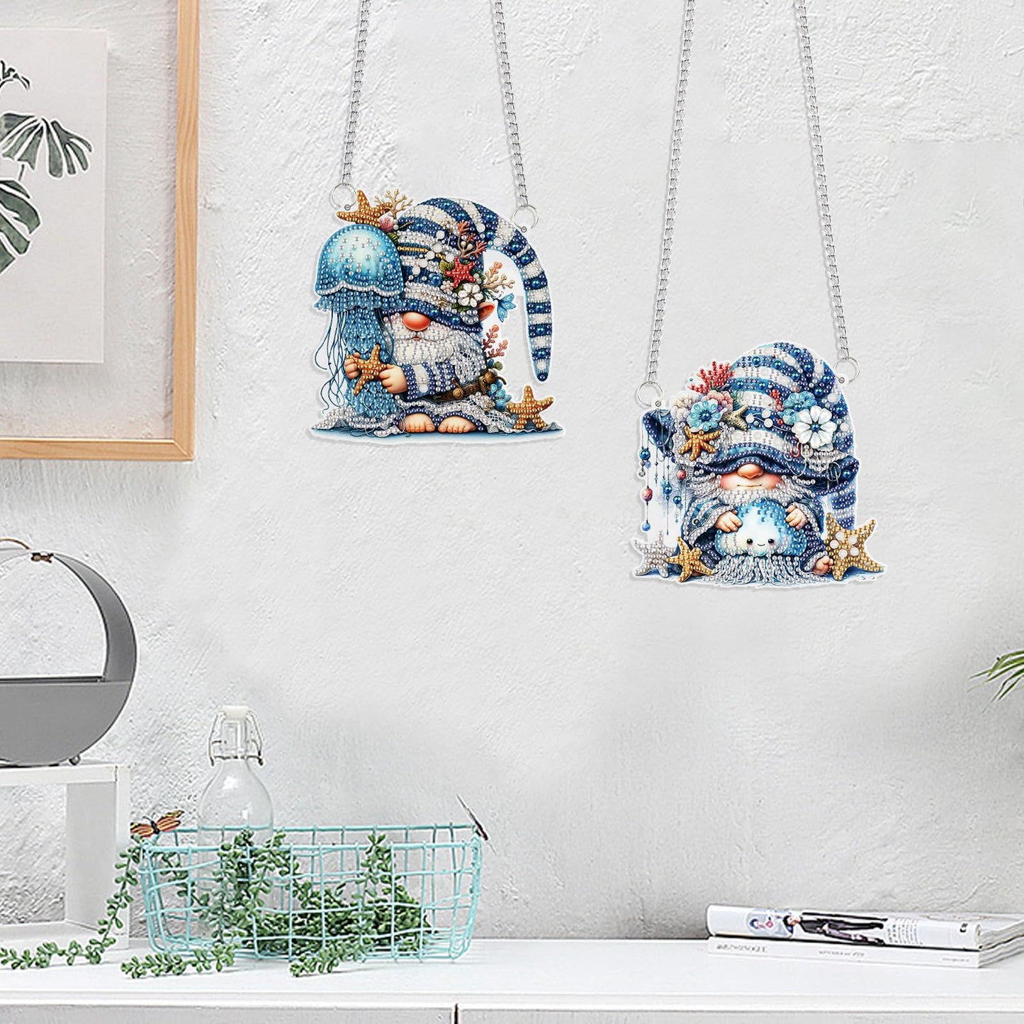 2 Pack Ocean-Themed DIY Diamond Painting Ornaments – Gnome & Jellyfish Design with Irregular Shaped Gems, 5D Acrylic Hanging Kit for Window & Wall Decor, Mosaic Craft Gift Set