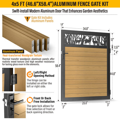 Brukid 4x5 FT Aluminum Fence Gate Kit Wood Grain Aluminum Gate with Decorative Cutout, Lock & Hinges, Left/Right Opening, Weather Resistant for Yard Garden Patio