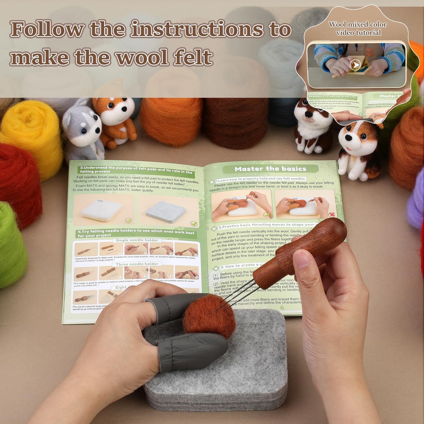 ZXIIXZ Needle Felting Kit, 24 Colors Felting Wool Kit with Felt Bag, Felting Needles, Pad, Felting Wool Bulk for DIY Needle Felting Beginner with Step by Step Instructions