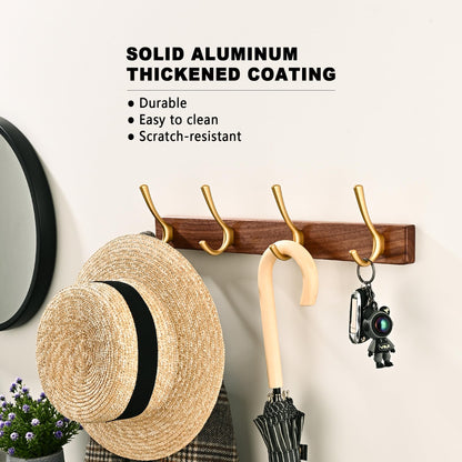 LECHYN 17.3" Small Walnut Wood Coat Rack Wall Mount with 4 Hooks, Heavy Duty Wooden Jacket Hanger Door Mounted for Decorative Entryway Bathroom Hanging Towel Backpack Purse Clothes Hat Key Gold