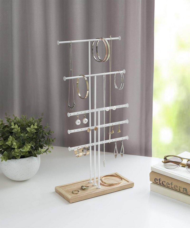 Umbra Trigem Tiered Tabletop Jewelry Organizer Freestanding Hanging Necklace, Earring and Bracelet Display, 5, White Natural