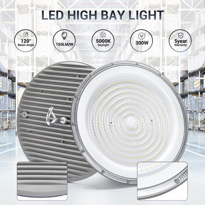 XYCN 15 Pack 300W UFO Led High Bay Light,120VAC,5000K Daylight Commercial Bay Lighting,IP66 Waterproof,45050LM,1300W MH/HPS with Plug Area Light for Warehouse/Shop/Workshop/Barn/Gym/Factory