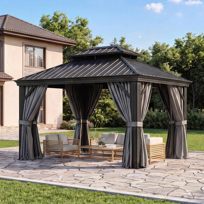 Aoxun 10' x 12' Outdoor Gazebo for Backyard, Hardtop Aluminum Gazebo with Metal Steel Double Roof, Pavilion with Netting and Curtains for Patio Deck Garden, Grey