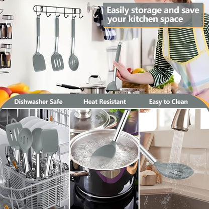 P&P CHEF Kitchen Utensils Set, 4Pcs Silicone Cooking Spatulas, Heat-proof Turner Spoon, Dishwasher Safe, Grey