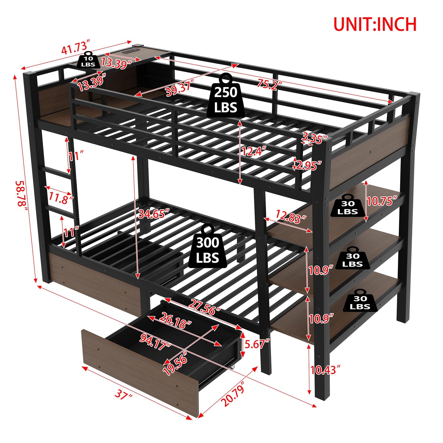 Bellemave Twin Size Bunk Bed with Storage Drawers and 3-Tier Shelves, Twin Bunk Bed with Charging Station and Lights, Heavy Duty Metal Bunk Beds for Teen, Adults