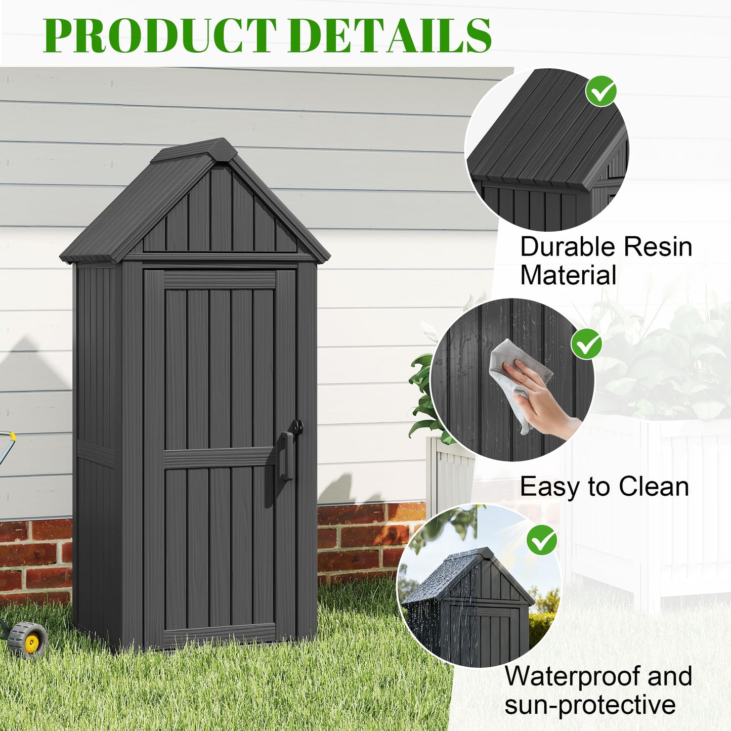 WTFGO Vertical Outdoor Storage Shed, Waterproof Resin Outdoor Storage Cabinet with Removable Shelves & 12 Hooks, Lockable Small Tool Shed for Garden, Backyard, Patio, Pool, Black
