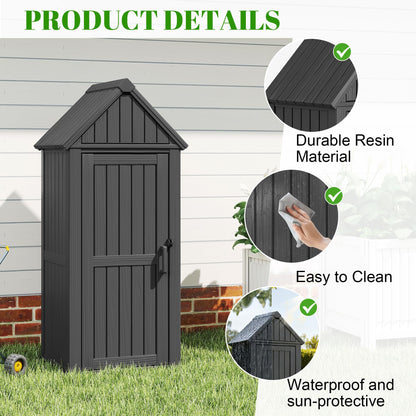 WTFGO Vertical Outdoor Storage Shed, Waterproof Resin Outdoor Storage Cabinet with Removable Shelves & 12 Hooks, Lockable Small Tool Shed for Garden, Backyard, Patio, Pool, Classic Black