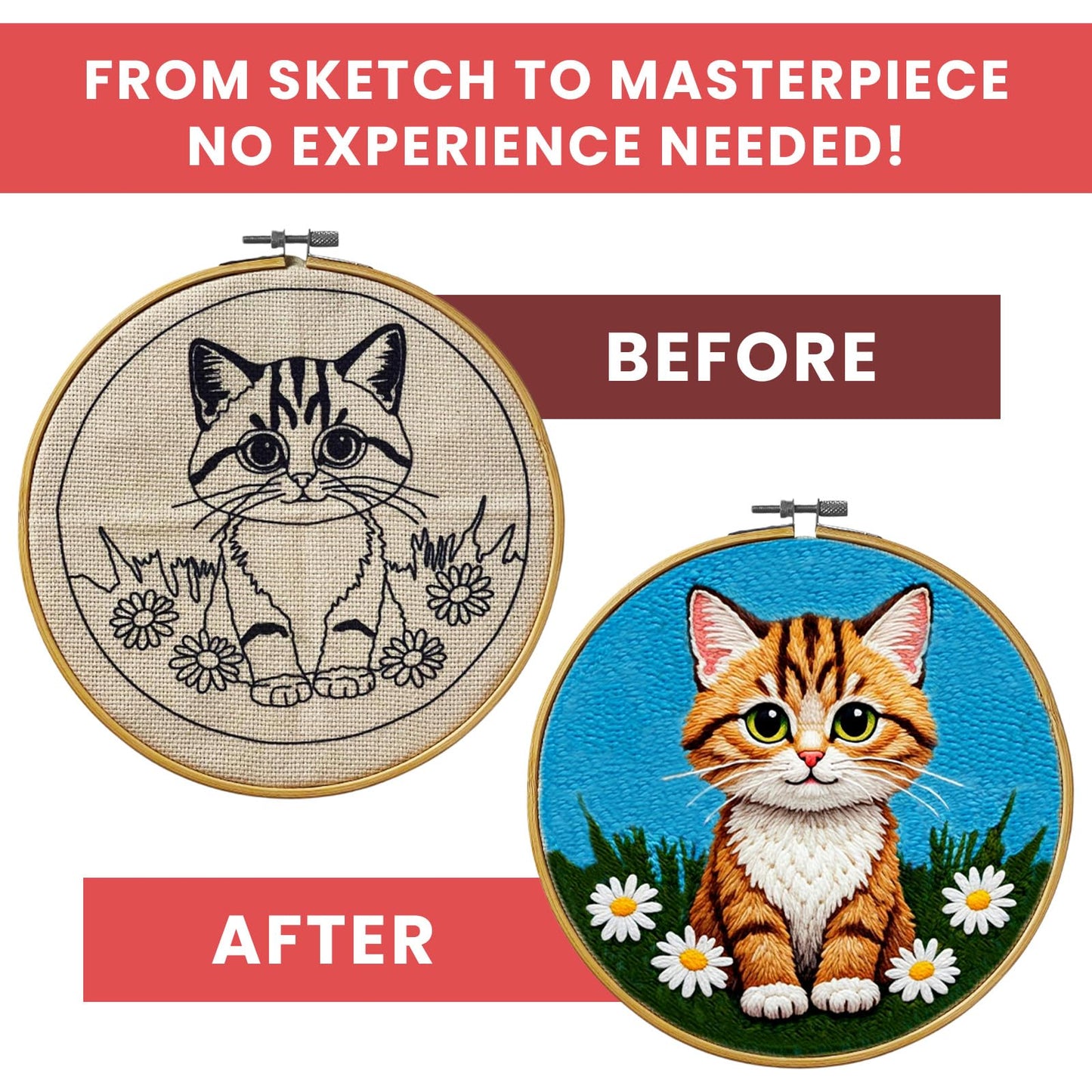 Eflin Punch Needle Kits Adults Beginner - Needlepoint Kits for Adults, Cute Cat & Daisy Pattern, Natural Bamboo Hoop, Yarns, Tools, Craft Kits for Beginners, Rare Gift for Crafts, Decors, Festivals
