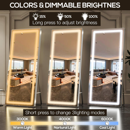 FENNIO 70" x 32" Large Luxury Wall Mounted Mirror with LED Lights - Full Length LED Lighted Full Body Dressing Mirror for Bedroom, Salon, Brushed Aluminum Frame, Tempered Glass