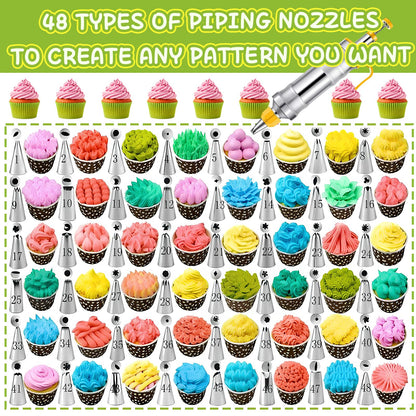 NOVANO Dessert Decorating Syringe Set, Frosting Piping Kit Stainless Steels Cake Decorating Kit with 54 Piping Tips & 9 silicone cupcakes, Cupcake Decorating Kit Piping Bags and Tips Set (Yellow)