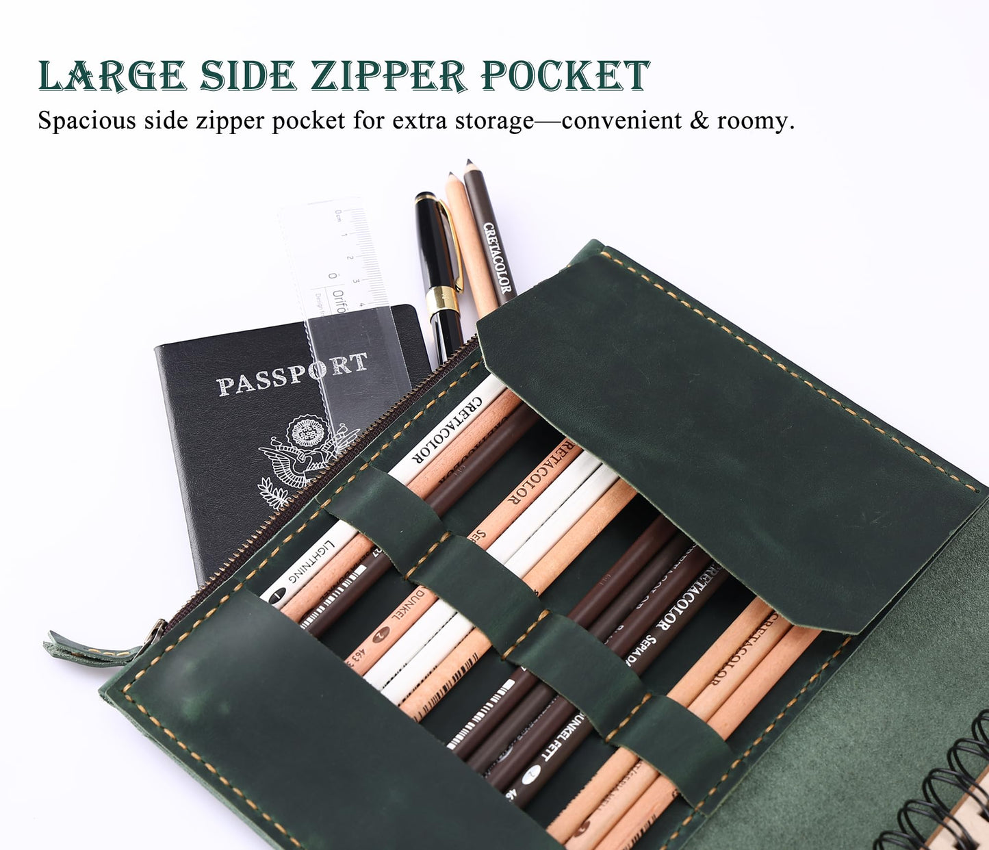 Fasjosma Leather Sketchbook Cover for A5/5.5"x8.5" sketch pads - Handmade Genuine Leather Artist Case with Pencil Holder & Zipper Pocket, Professional Drawing Supplies(Green, 5.5"x8.5")