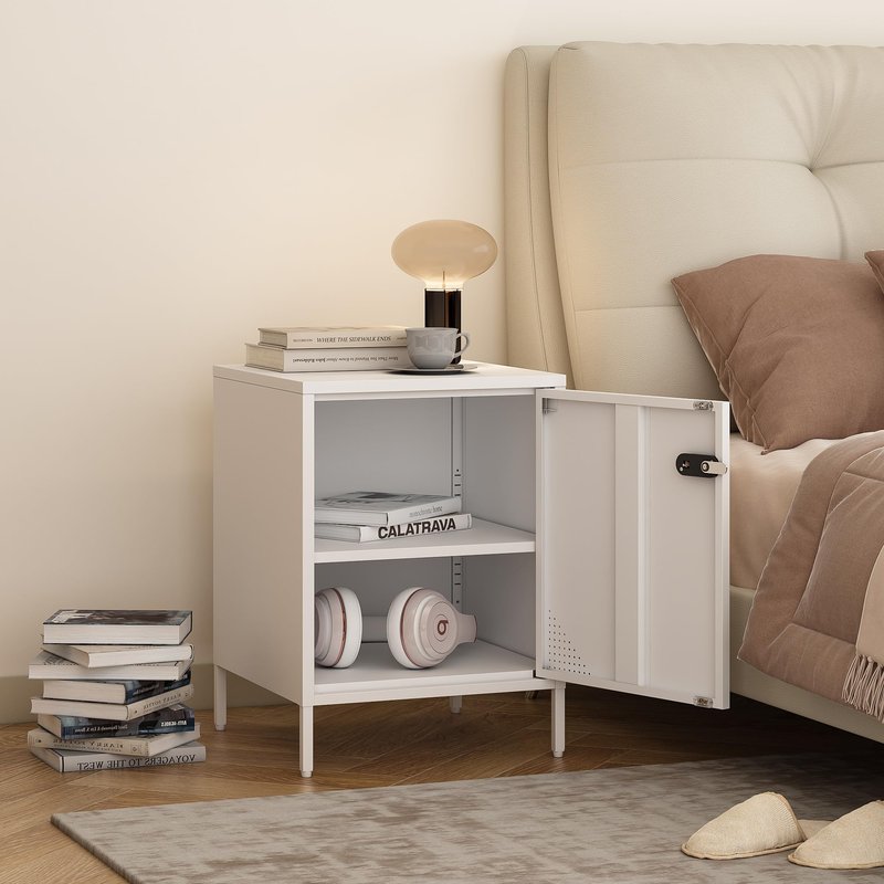 Steehoom Metal Locker End Table Single Door Nightstand Lockable Bedside Table Storage Cabinet for Bedroom, Dorm, 21.26”H X 15.75”W X 15.75”D (1 Door, White)