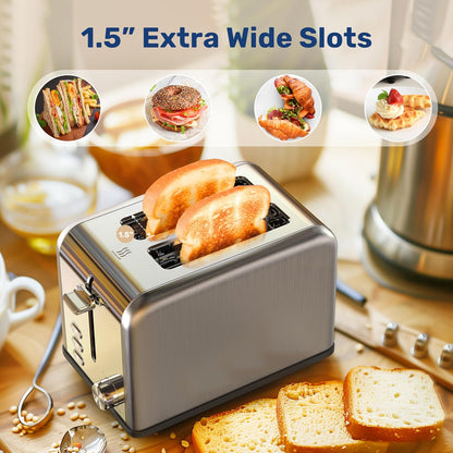 YSSOA 2-Slice Toaster - Silver, 6 Browning Settings, 3 Functions, Extra Wide Slot & Removable Crumb Tray for Bread &