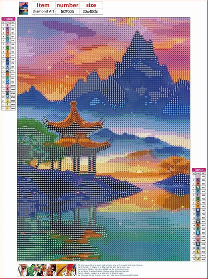 ZSWLLHP 12-Pack Asian Landscape Diamond Painting Kits, Full Round Drill 5D Purple Mountain Pagoda Scenery Diamond Art Sets for Adults, DIY Handmade Gem Paintings for Home Office Wall Art Decor
