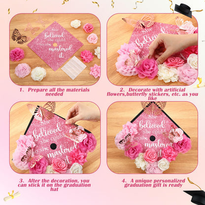 Gersoniel 34 Pcs DIY Graduation Cap Decorations Kit Included Artificial Flowers Inspirational Cardstock 3D Butterfly Alphabet Letter Stickers for 2026 Grad Party DIY Hat Grad Cap Topper(Pink)