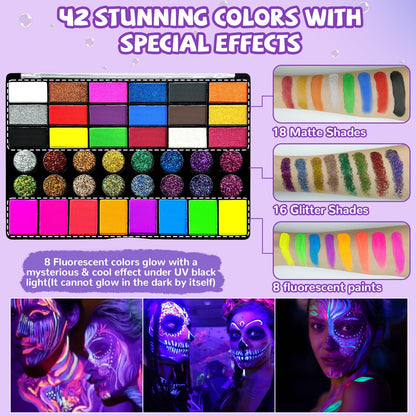 Face Painting Kit – 42 Colors Water Activated Face Paint Set, Easy Apply & Remove, Skin-Safe & Non-Toxic, Professional Kit with Brushes, Stencils & Gems for Halloween, Party, Festival & Cosplay