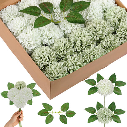 Giegxin 50 Pcs Sage Green Artificial Flowers with Stem for DIY Wedding Bouquets Centerpieces Arrangements, Green and White Dahlia Flowers for Bridal Shower Party Home Decorations, 3.15 Inches