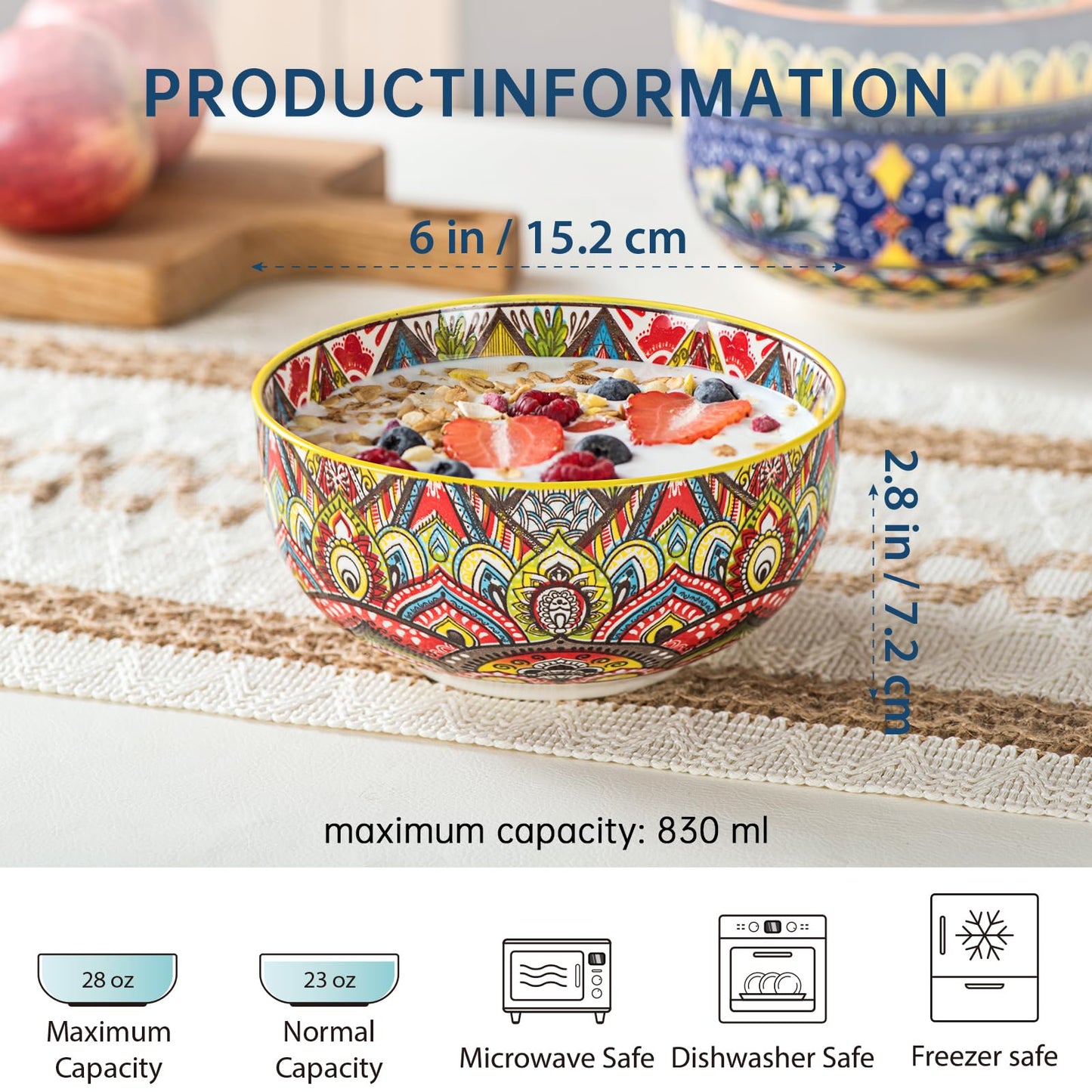 Henten Home Ceramic 28 oz Soup Bowls, Boho Style Cereal Bowl Set, Colorful Serving Bowls for Salad, Pasta, Rice, Set of 6, Dishwasher & Microwave Safe