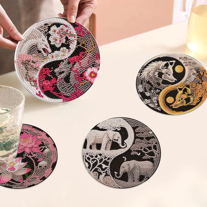 DIY Diamond Painting Placemats, Round Yin Yang Table Mats, 5.9 Inch, 4 Pack, Home Decor Craft Kit with Pen, Tray, and Clay Glue