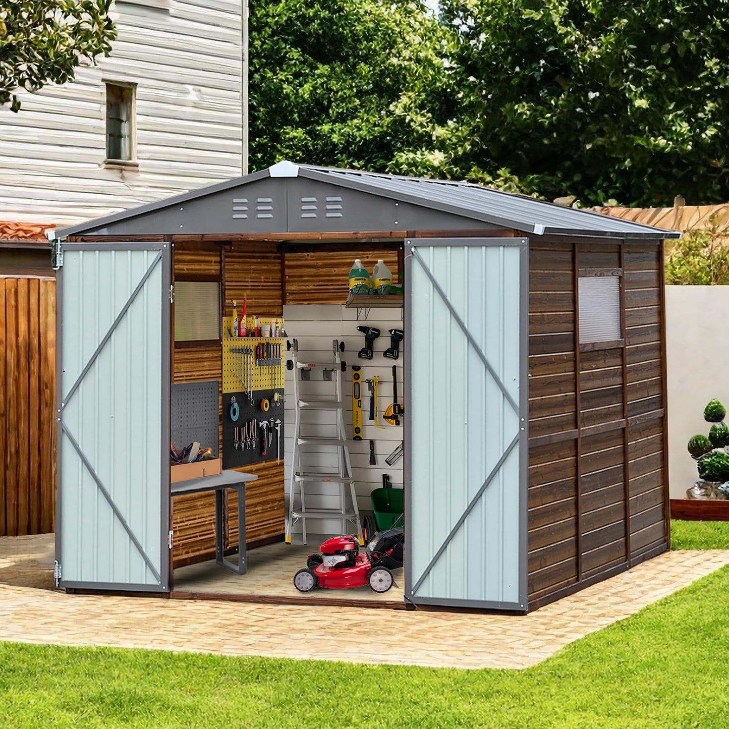 Endark 8x8FT Waterproof & Rust-Resistant Outdoor Storage Shed with Window, Lockable Sliding Doors & Metal Sloped Roof - Ideal for Garden, Backyard, and Patio