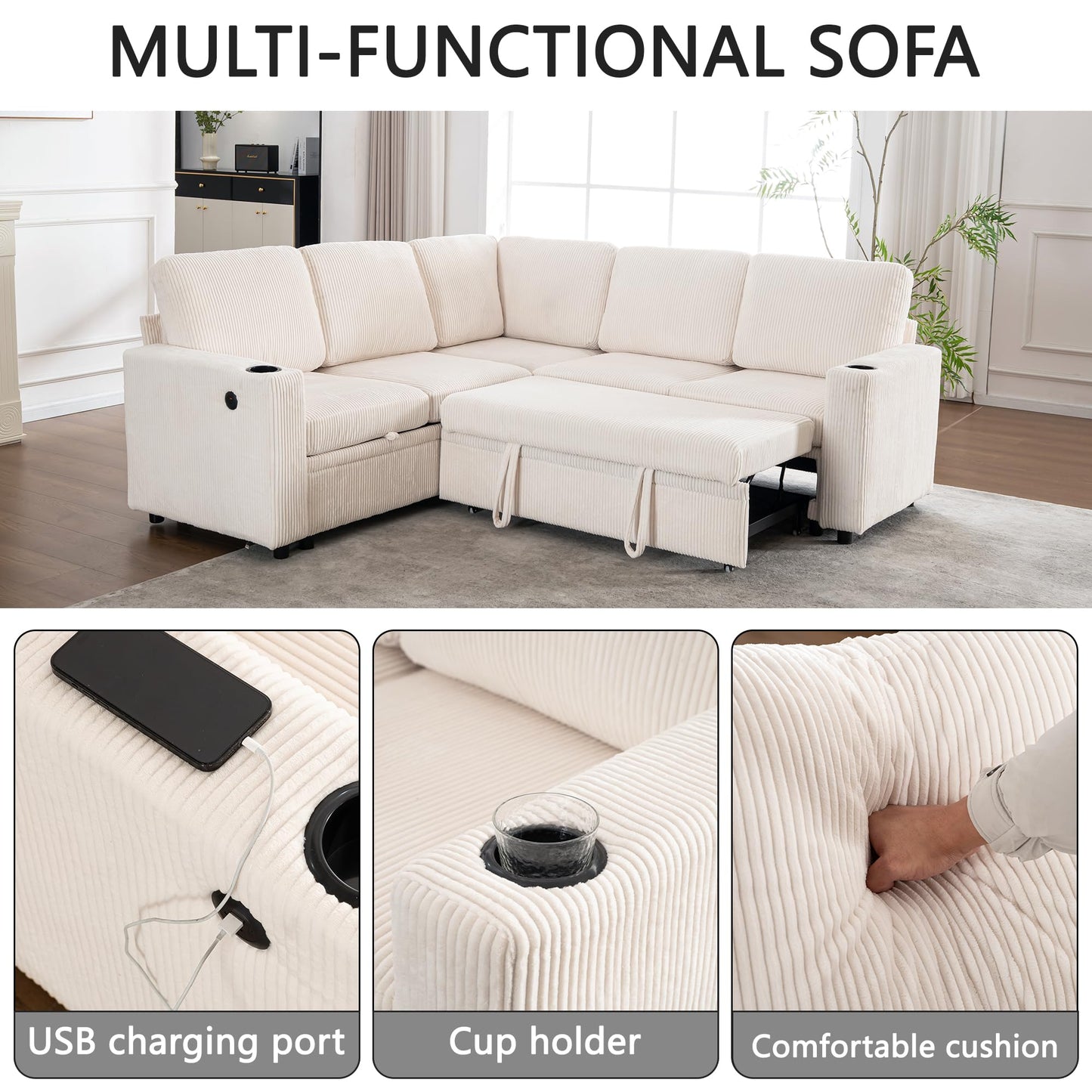 KEIKI 83" 4Seat Modular Sectional Sleeper Pull Out Bed Corduroy Sofa Couch with Chaise Storage Reversible USB Cup Holders for Modern Home Home Office Family Friendly Refined Design White