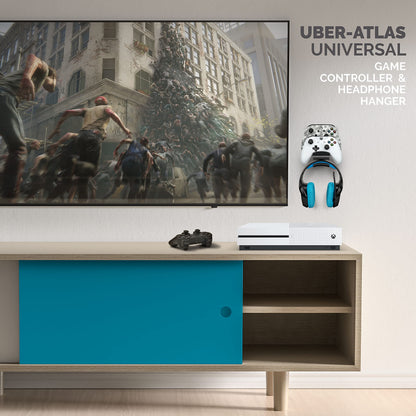 The UberAtlas Dual Game Controller & Headphone Stand Wall Mount Holder for Xbox ONE, Series X, PS5, PS4, PS3, Switch, STEELSERIES Gamepad & More, Stay Organized No Screws, by Brainwavz (Two Pack)