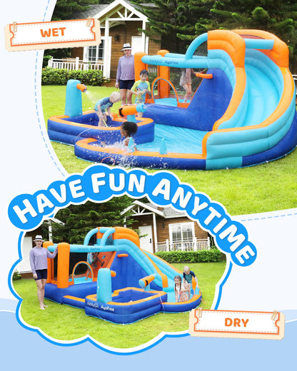 AirMyFun Inflatable Bounce House Water Slide with Curved Slide & Ball Pit Splash Pool - Kids Outdoor/Indoor Water Play Center for Backyard, Birthday Parties - Includes Basketball Hoop & Blower