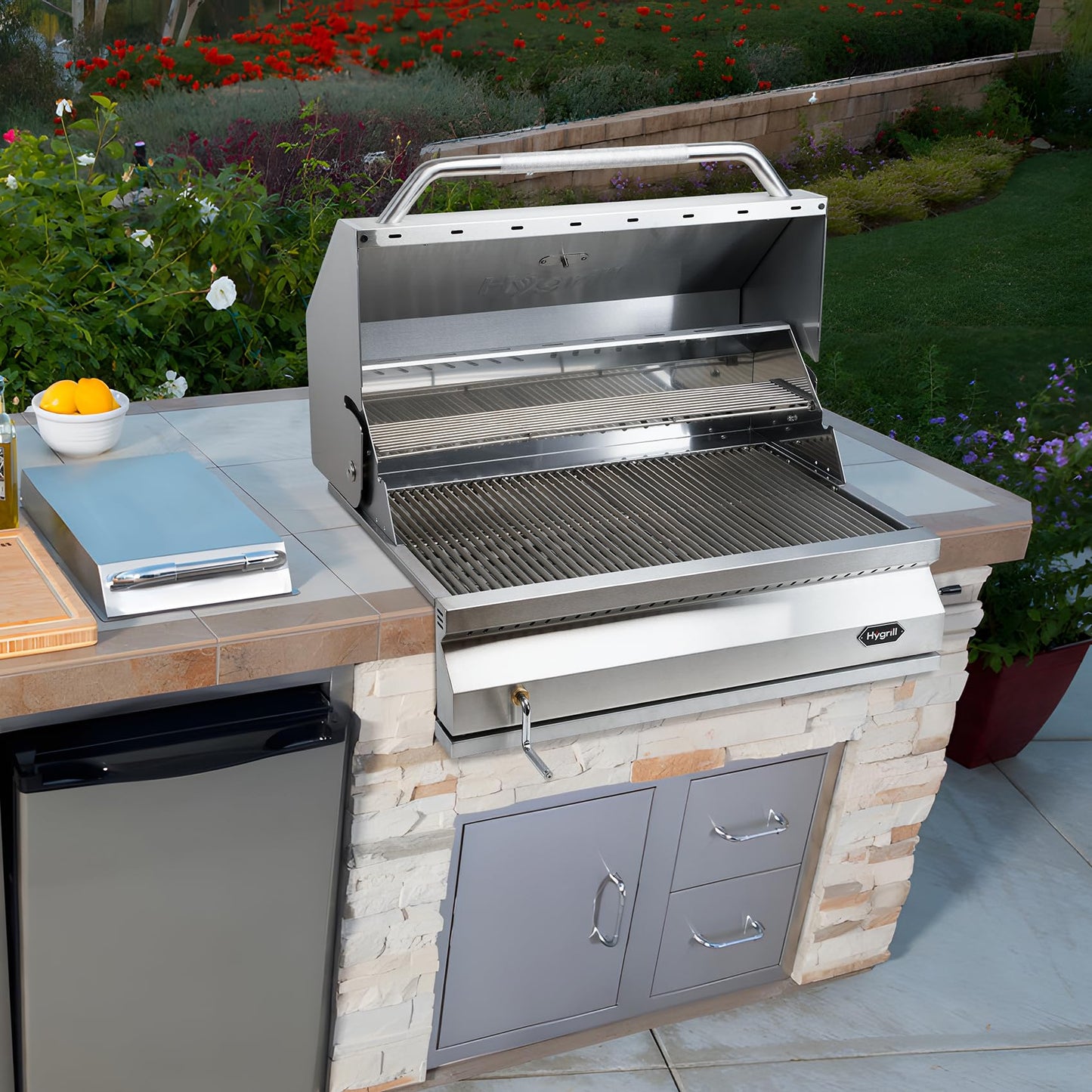 Hygrill Charcoal Grill Head for Outdoor Kitchen, 32-inch Stainless Steel Built-In Grill with Insulated Hood, Temperature Gauge and Fabric Cover