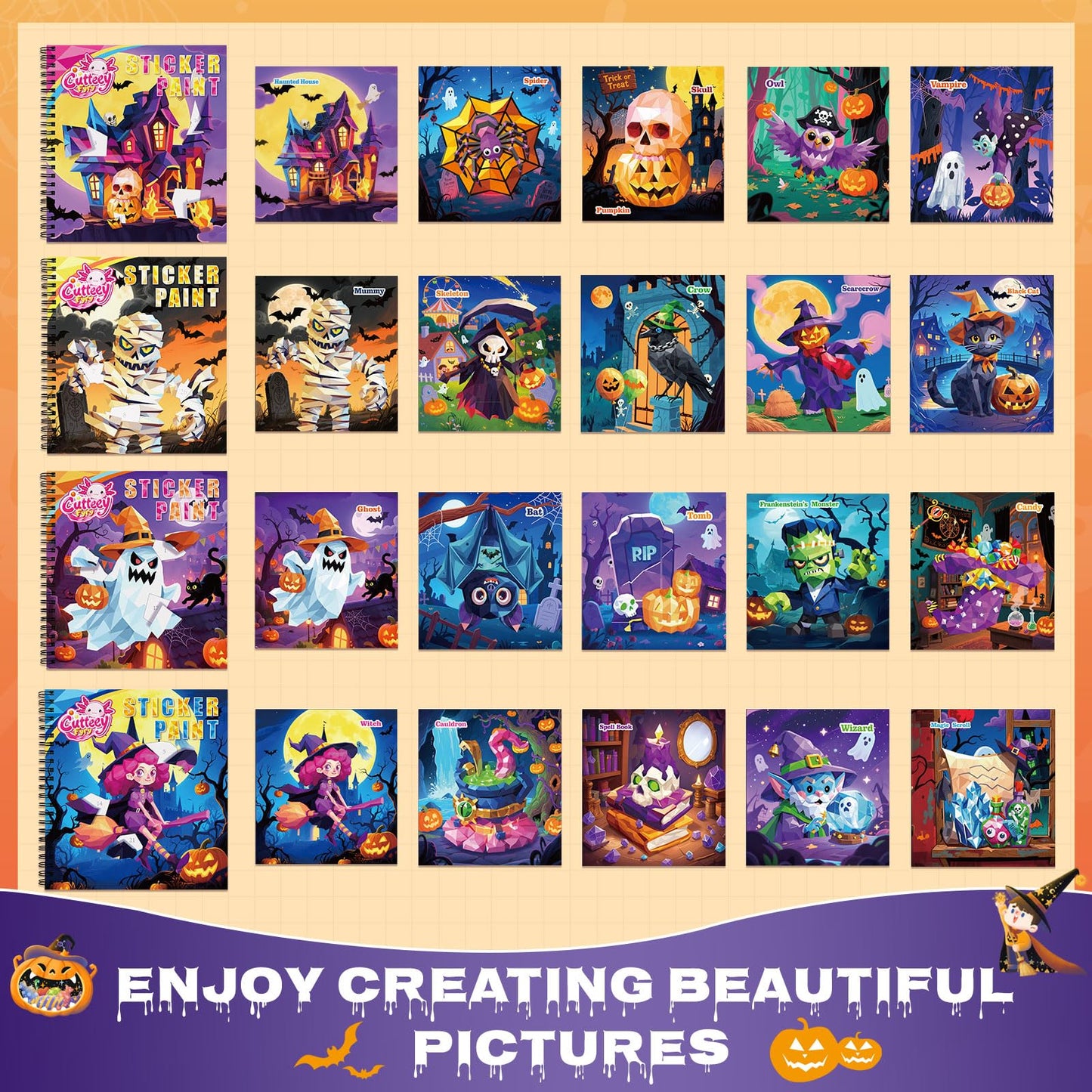 4PCS Paint by Number Sticker Book - Halloween Crafts & Acitivity Puzzles Book for Kids Ages 4-10, Travel Toys for Road Trip & Airplane,Perfect Halloween Gifts & Basket Stuffers for Kids