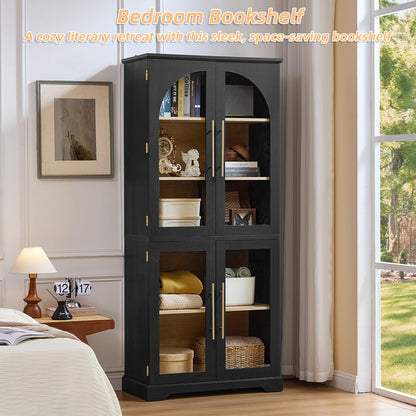 Joaxswe 72" Tall Bookshelf with 4 Curved Glass Doors, Farmhouse Bookcase with 3-Tier Adjustable Shelves, Modern Living Room Display Cabinet, Large Storage Cabinet for Home Office,Dining Room, Black