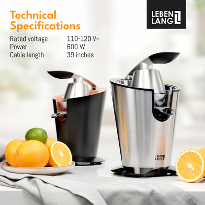 LEBENLANG Stainless Steel Electric Orange Juicer 600W I Incl. Stainless Steel Cone & BPA-Free | Electric Juicer Citrus Press Fruit Press I High Juice Yield for Oranges & Lemons