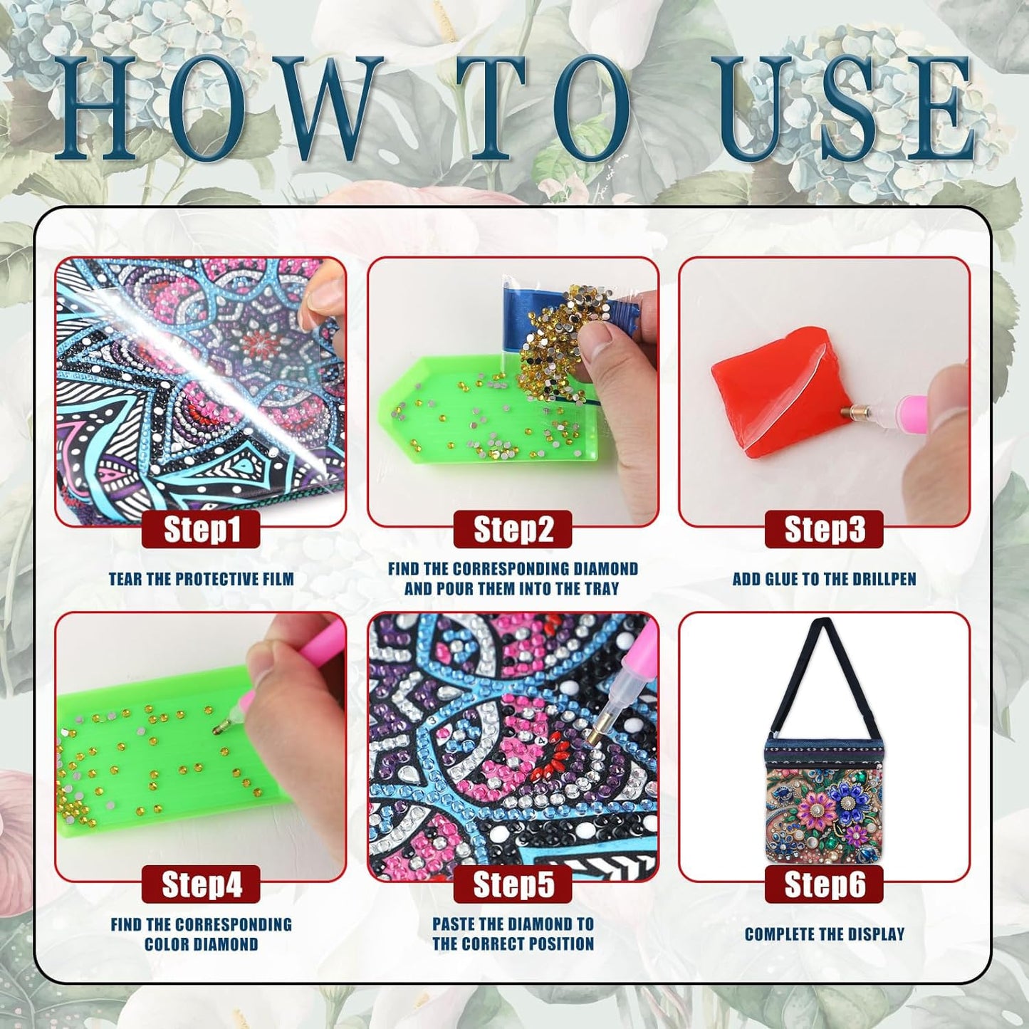 DDGYP 5D Diamond Art Bags, Diamond Art Kits for Adults, DIY Diamond Painting Bags for Women - 8.5x8.7x0.39inch PU Leather Crossbody Bag with Zipper & Adjustable Strap, Flower Pattern