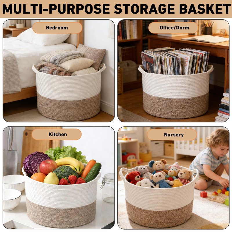 HZFTJOY Large Woven Blanket Basket,65L Cotton Rope Laundry Basket Hamper with Handles, Decorative Nursery Basket Storage Bin for Toys, Clothes Organizer, Living Room, Bedroom, Bathroom, White & Brown