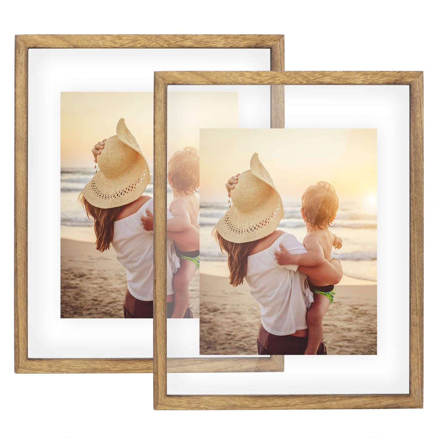 DLQuarts 11x14 Floating Photo Picture Frame, Floating Display for Photos 8x10, 7x9, 5x7, 8.5x11 Certificate, or Full Display for 11x14 Photos, Solid Wood, Double Glass, 2 Pack, Carbonized Brown