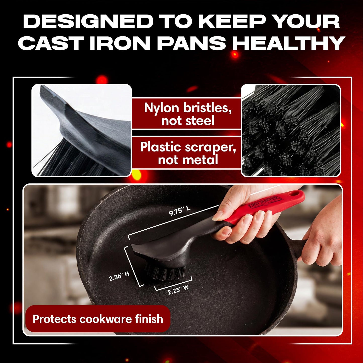 Cast Iron Scrub Brush with Heavy Duty Scraper - Nylon Bristles Dish Scrubber for Pans, Skillets and Woks – Kitchen Cleaner Removes Grime, Grease, Food Build Up - 90058 by Chef Master