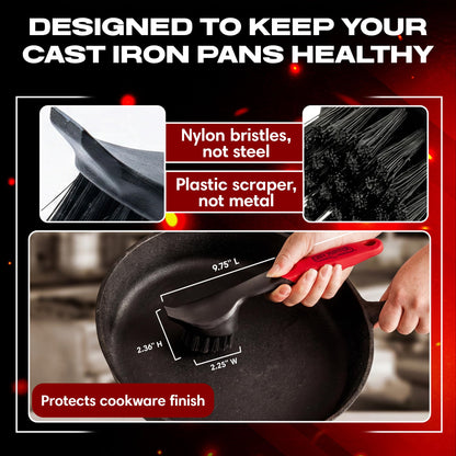 Cast Iron Scrub Brush with Heavy Duty Scraper - Nylon Bristles Dish Scrubber for Pans, Skillets and Woks – Kitchen Cleaner Removes Grime, Grease, Food Build Up - 90058 by Chef Master