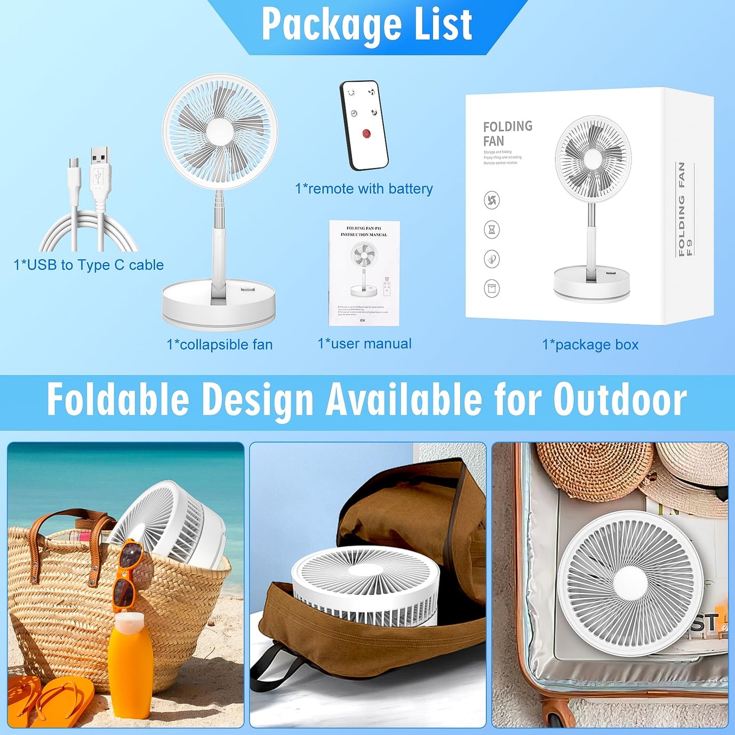 LIPETY Portable Foldable Rechargeable Oscillating Fan - 9" 7200mah Battery Operated USB C Small Fan Remote, Quiet Table Desk Fan Folding Standing Pedestal Fans for Bedroom Rome Office Camping Travel