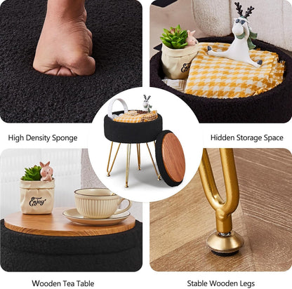 Wimarsbon Storage Ottoman,Teddy Velvet Vanity Stool,Soft Padded Seat,Round Footrest with Removable Cover and Adjustable
