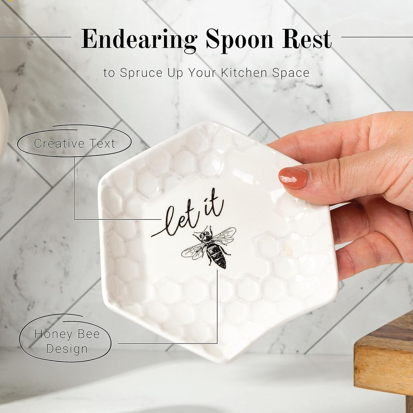 Youngs Ceramic Bee Spoon Rest, Large Spoon Holder for Cooking Spoons, Spatula, Ladle, Heat Resistant Utensil Rest, 5"x5"