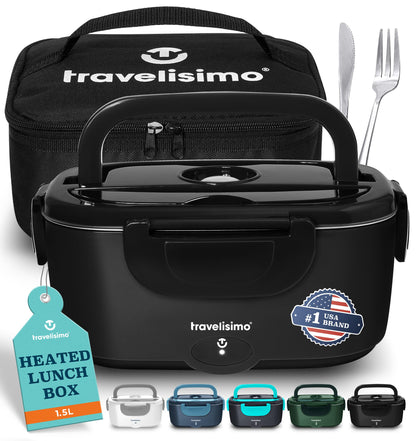 TRAVELISIMO Electric Lunch Box for Adults 100W Heated Lunch Box For Men 1.5L Stainless Steel Portable Food Warmer, 12/24/110V for Travel & Work, Loncheras Electricas Para Calentar almuerzo