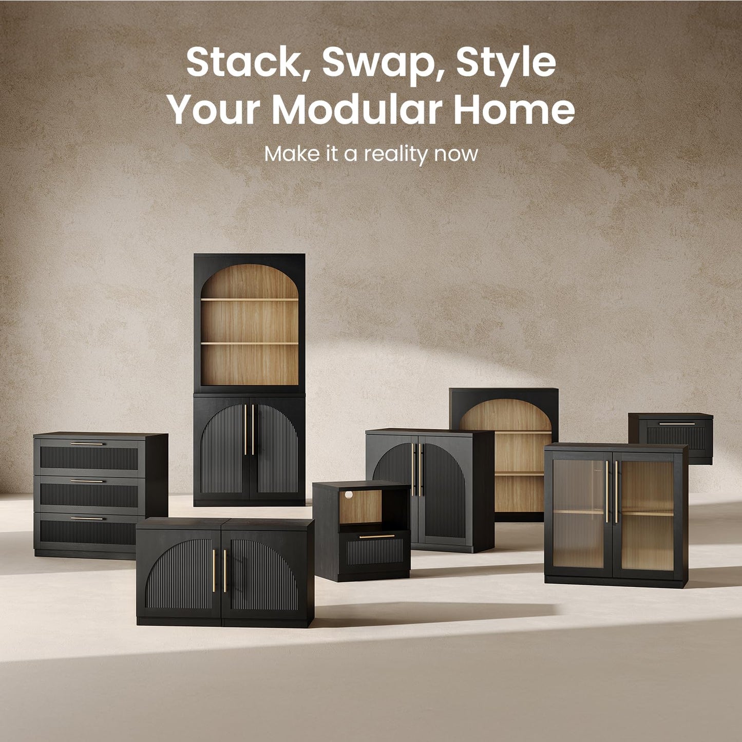 ModernMate Set of 2 Arched Sideboard Cabinets, 62" Modular Storage Buffet Table with Wave-Panel Doors, Black Wood Grain Media Console with Soft-Close Hinges for Living Room