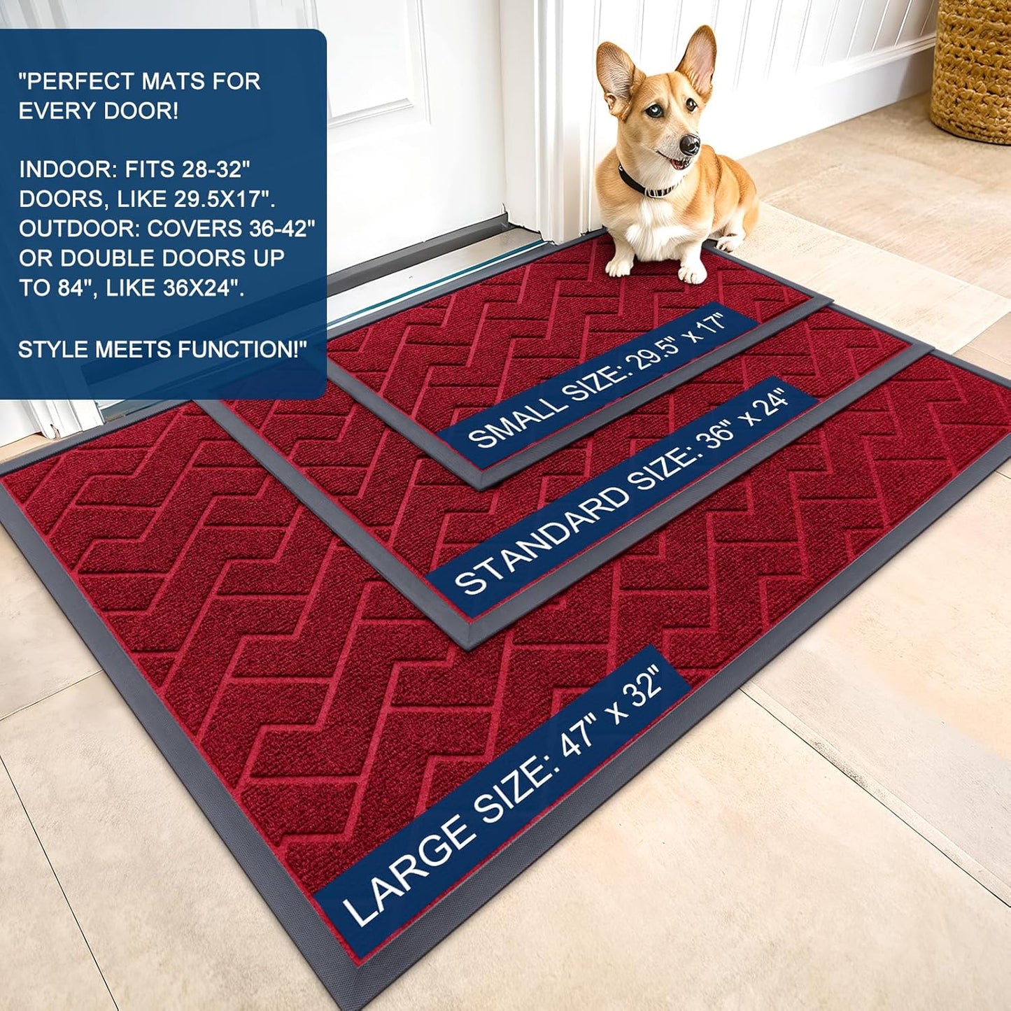 OLANLY Waterproof All-Season Front Door Mat - Sturdy Natural Rubber, Easy Clean Herringbone Design (Wine Red, 47x17)